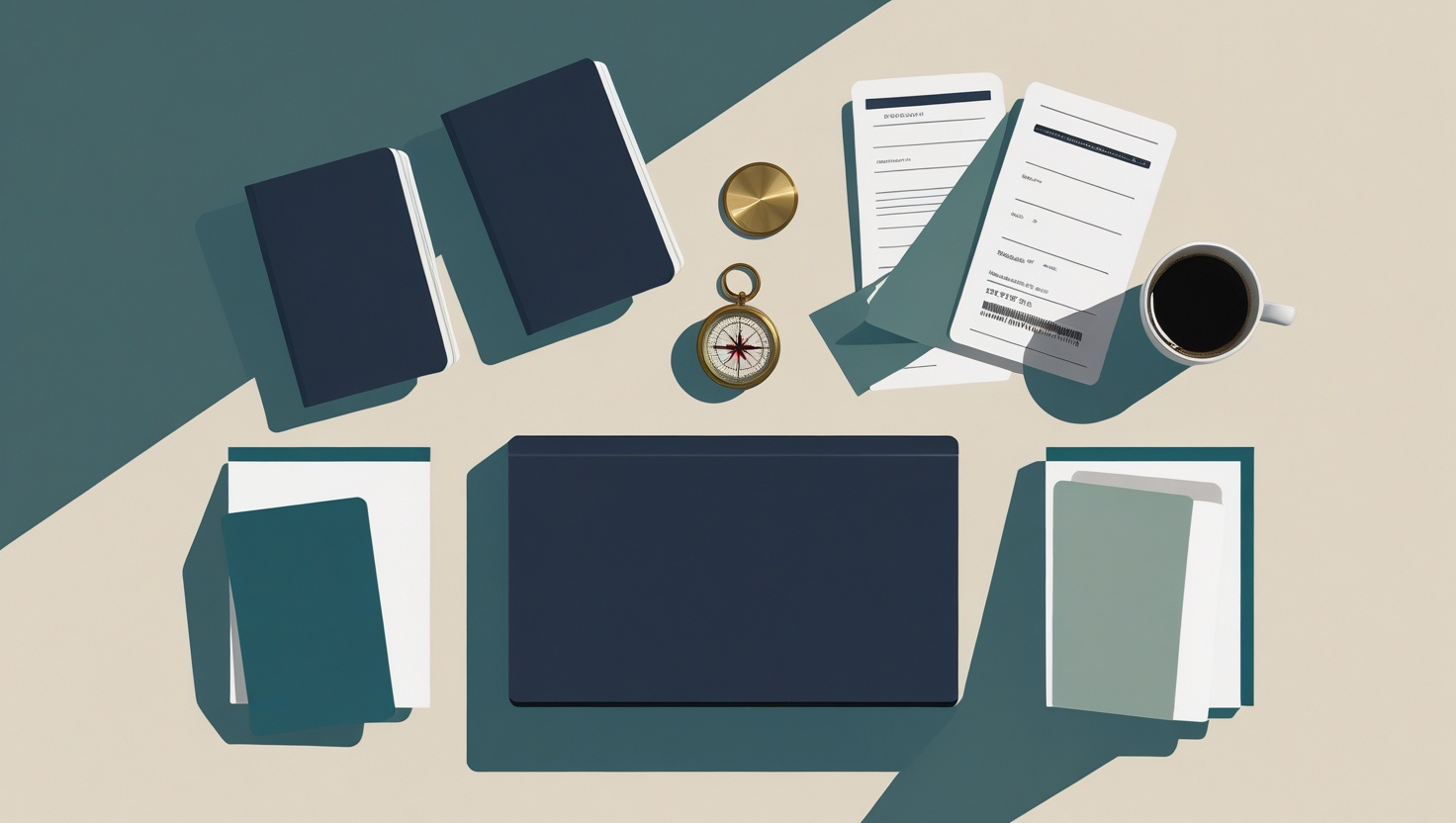 Flat-lay illustration of a traveler desk: passports, compass, boarding passes, laptop, and coffee